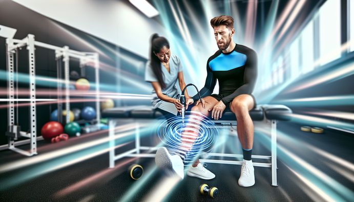 alt_text: Athlete receiving shockwave therapy in an energetic sports environment, highlighting recovery and motion.