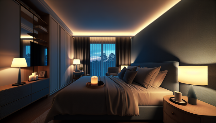 alt_text: A serene bedroom at dusk with inviting decor, promoting relaxation and restorative sleep after training.